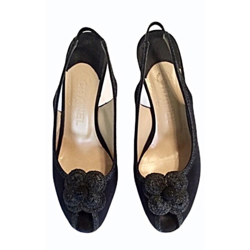 Chanel Navy Blue Camellia Canvas Slingbacks - Picture 3 of 6